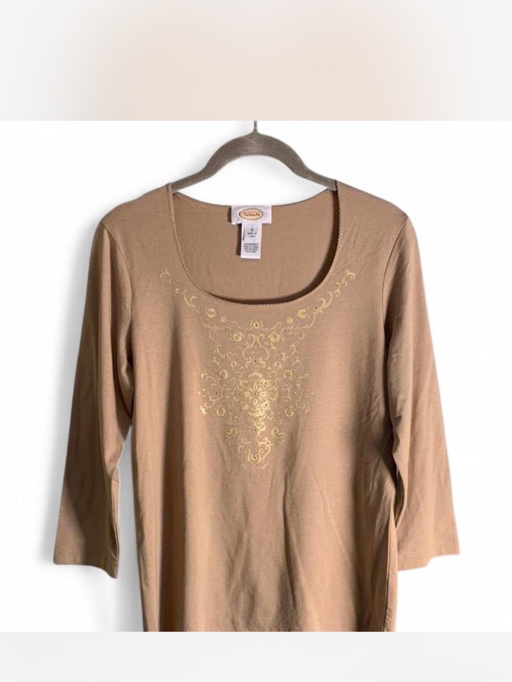 Croft & Barrow Tan Scoop Neck Top with Gold Detail & beading size S